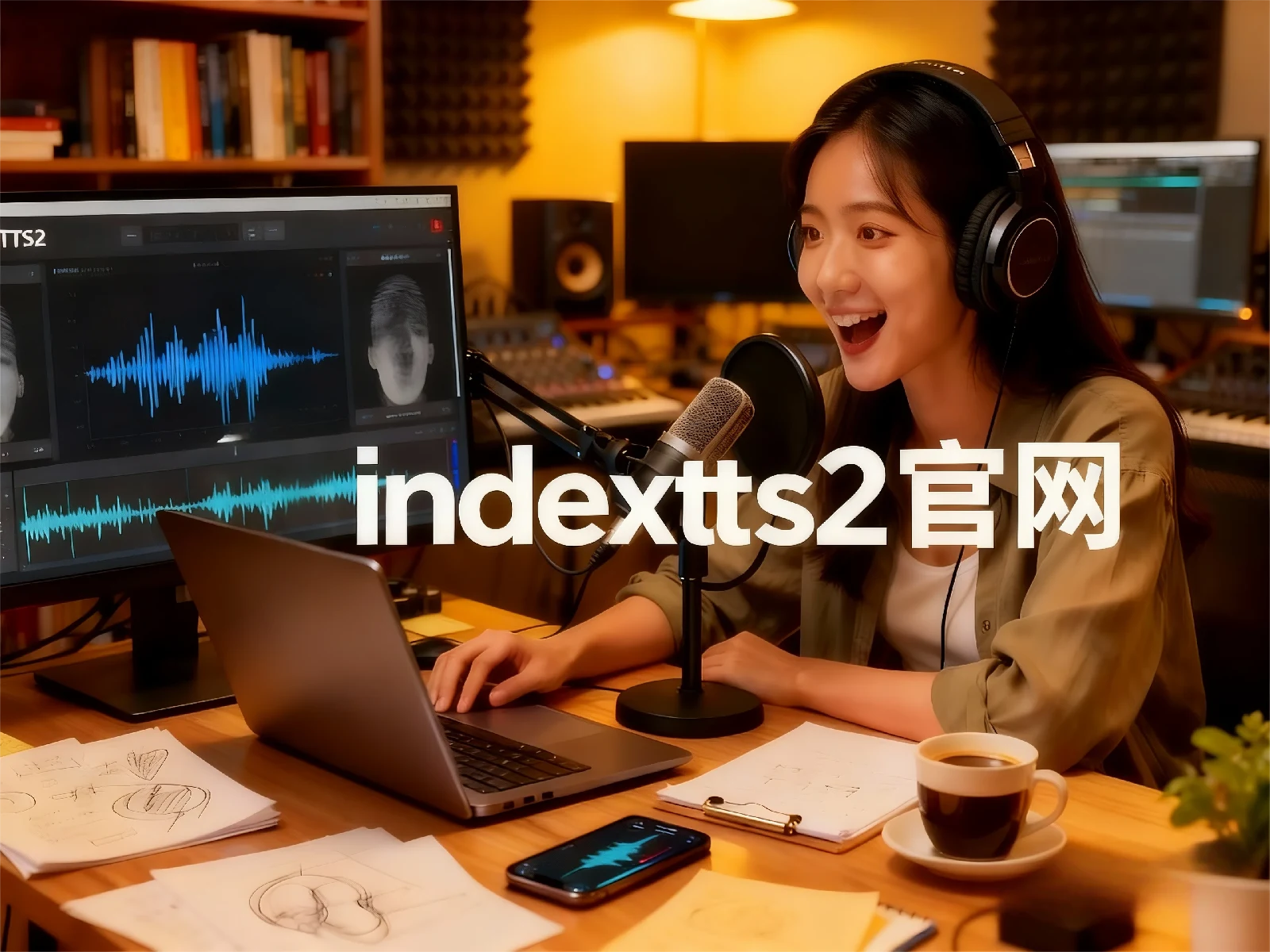 女性创作者佩戴耳机在录音室使用 IndexTTS2 进行 AI 配音与声音克隆