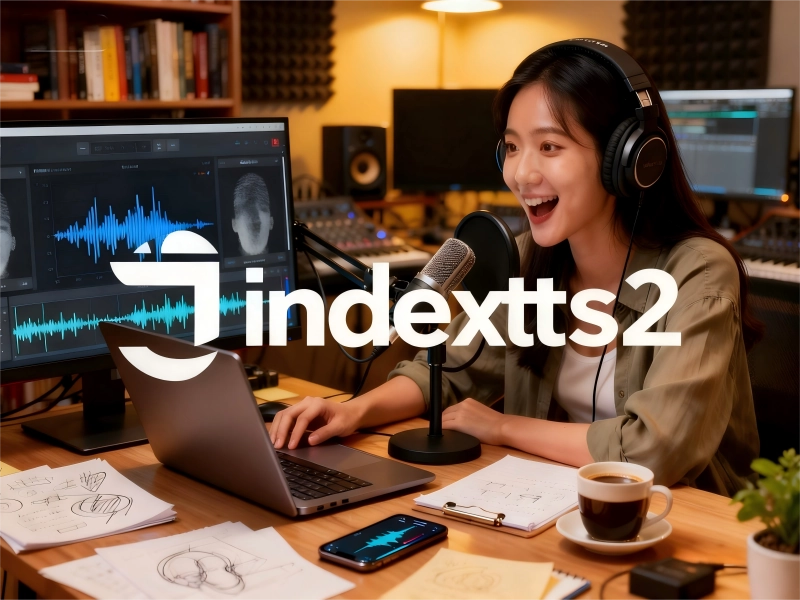 IndexTTS2声音克隆服务展示:面带笑容的男士手持麦克风进行录音,背景DNA双螺旋与声波图案象征高精度声音复刻技术,体现IndexTTS在线声音克隆的便捷体验。