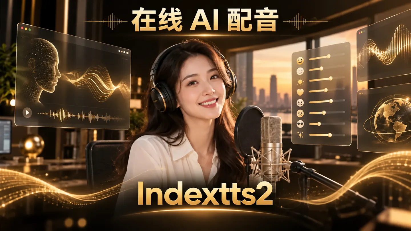 Indextts2 在线 AI 配音：中国女生使用耳机与麦克风录音，展示语气控制和声音波形